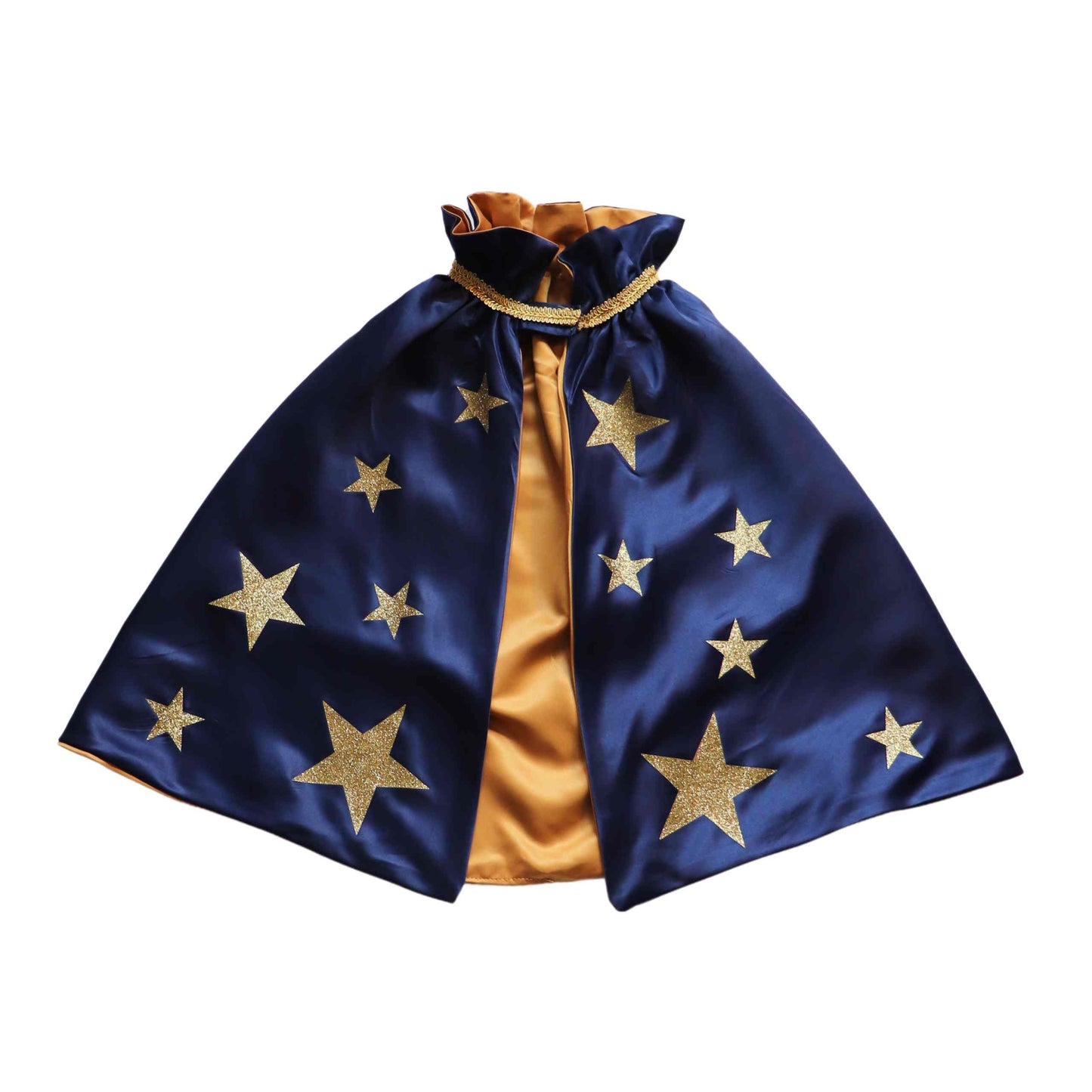 a blue cape with gold stars on it