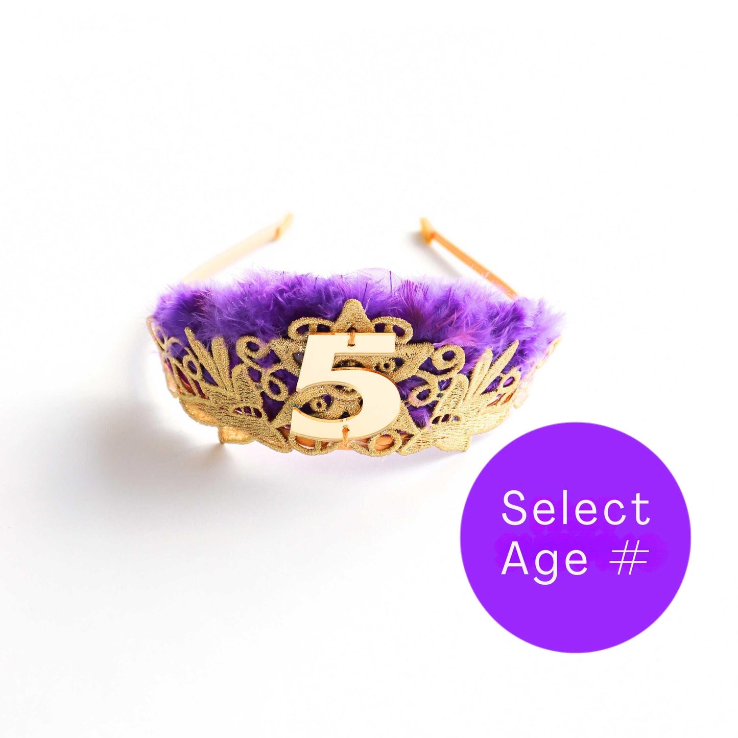 a purple and gold crown with the number five on it