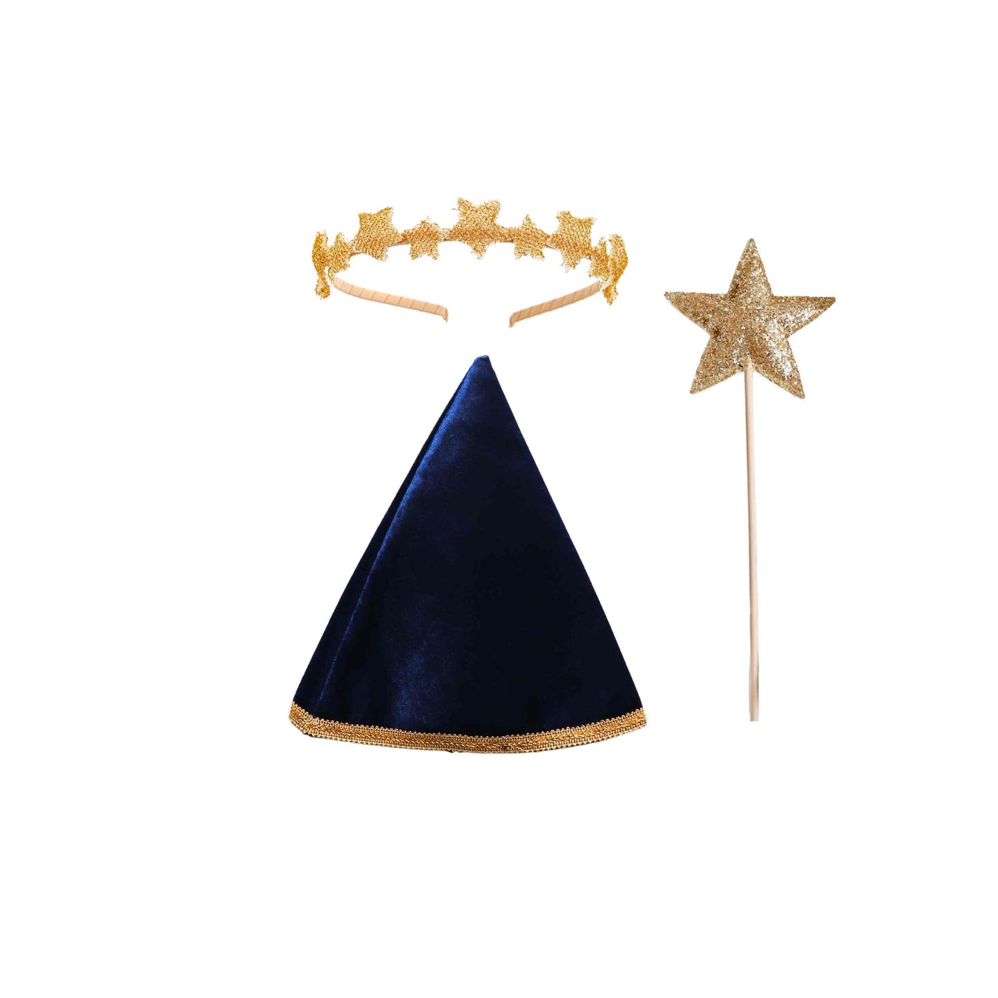 a set of two gold and blue party hats