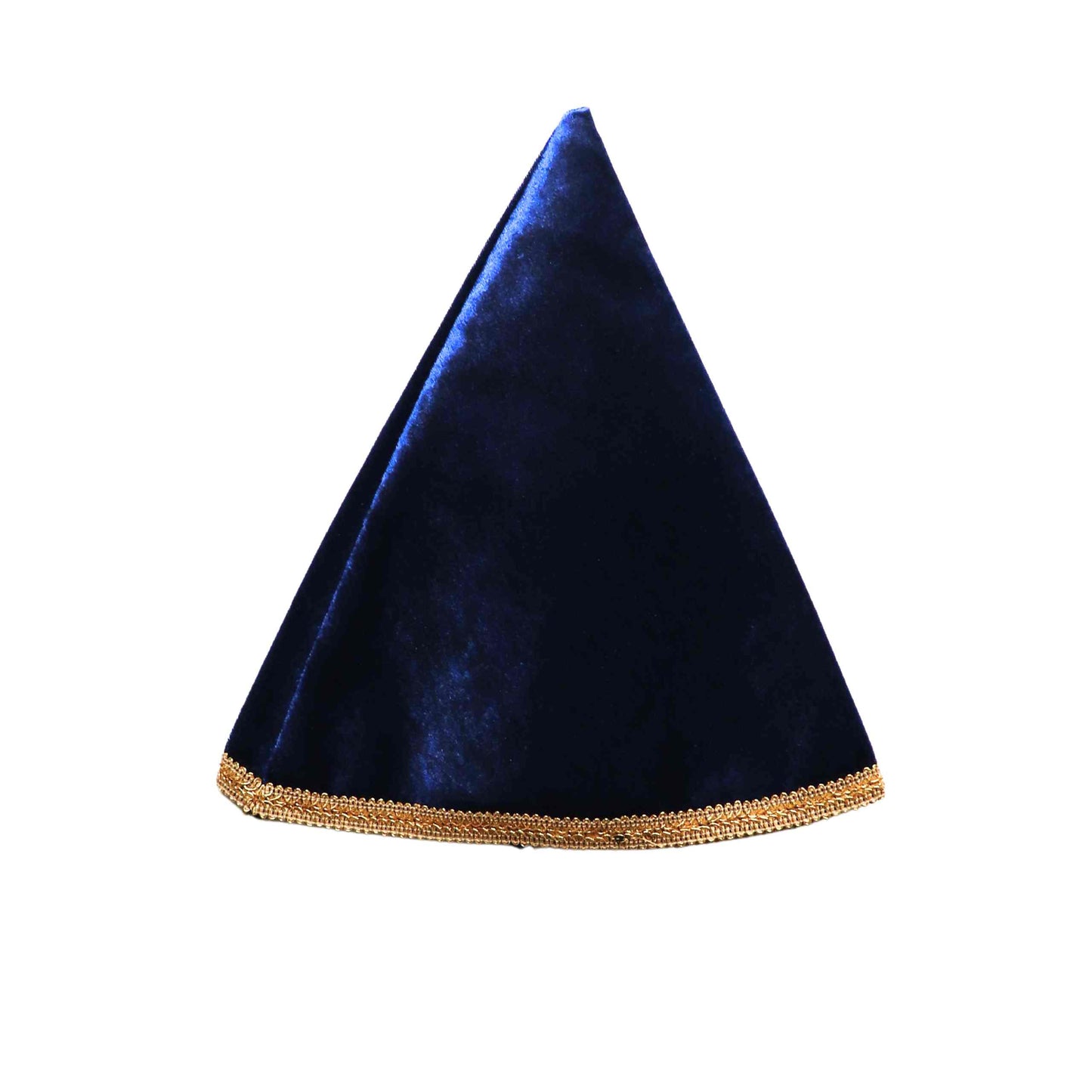 a blue velvet triangle with gold trim on a white background