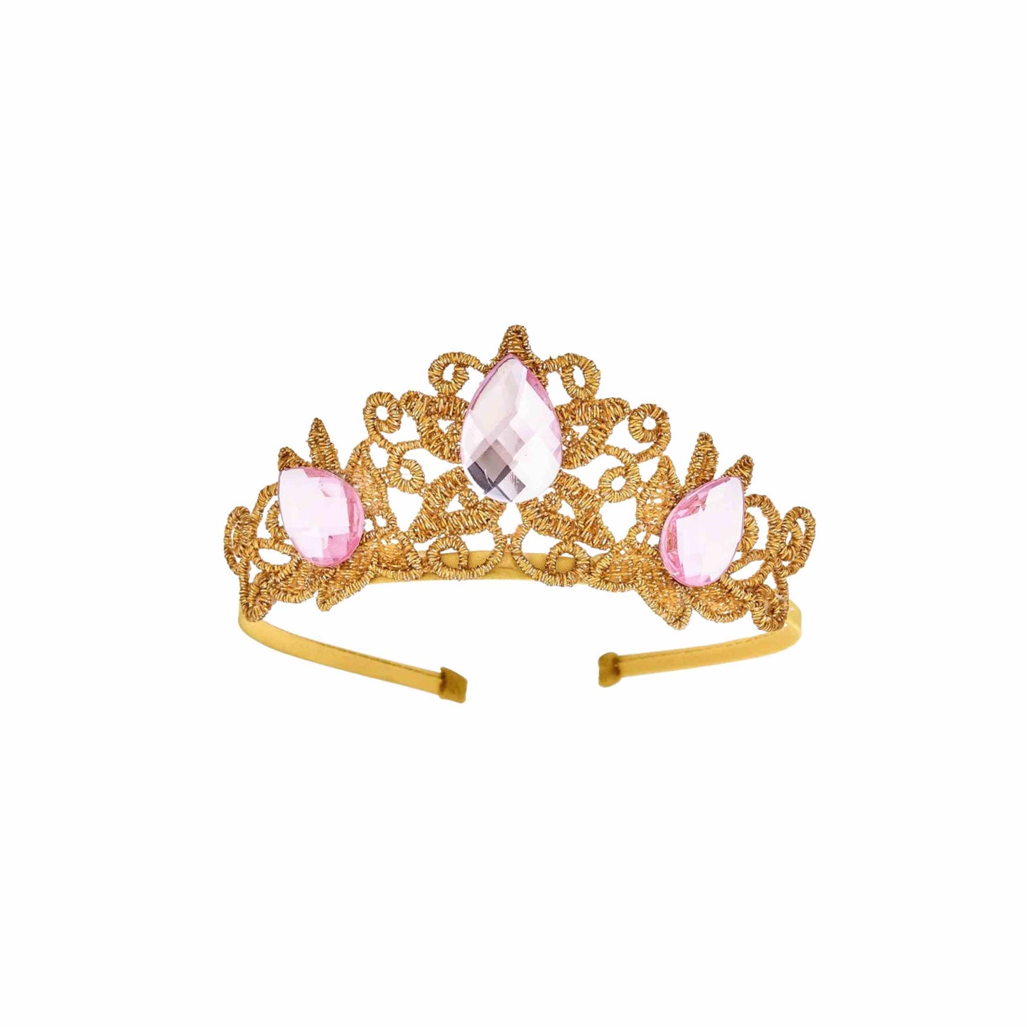 a gold tiara with pink stones on it