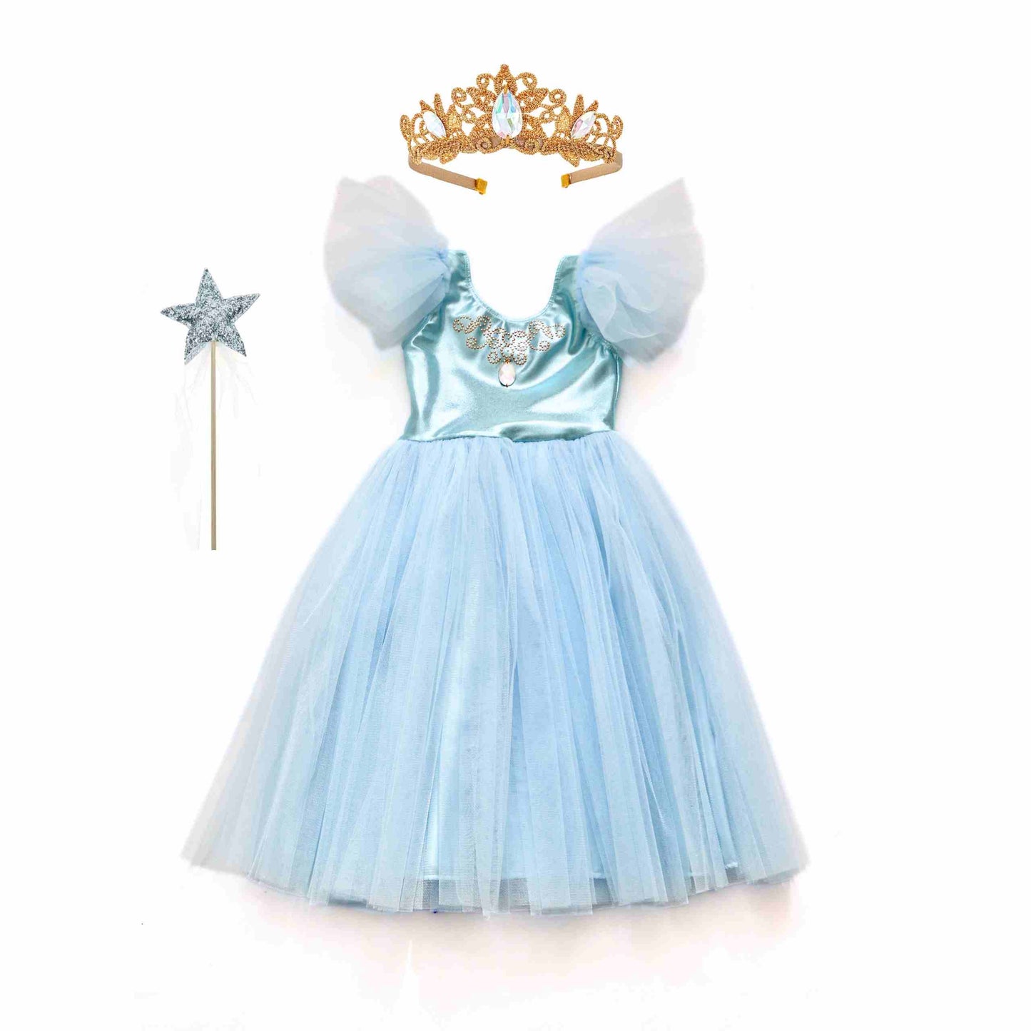 a little girl wearing a blue dress and a tiara