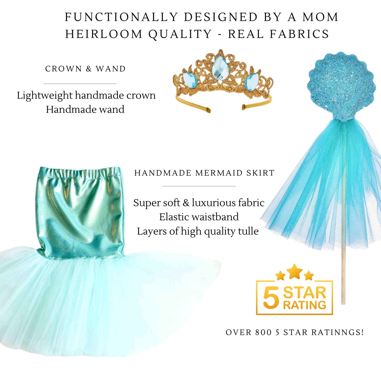 Mermaid Tail/Skirt, Crown & Wand Set, Turquoise