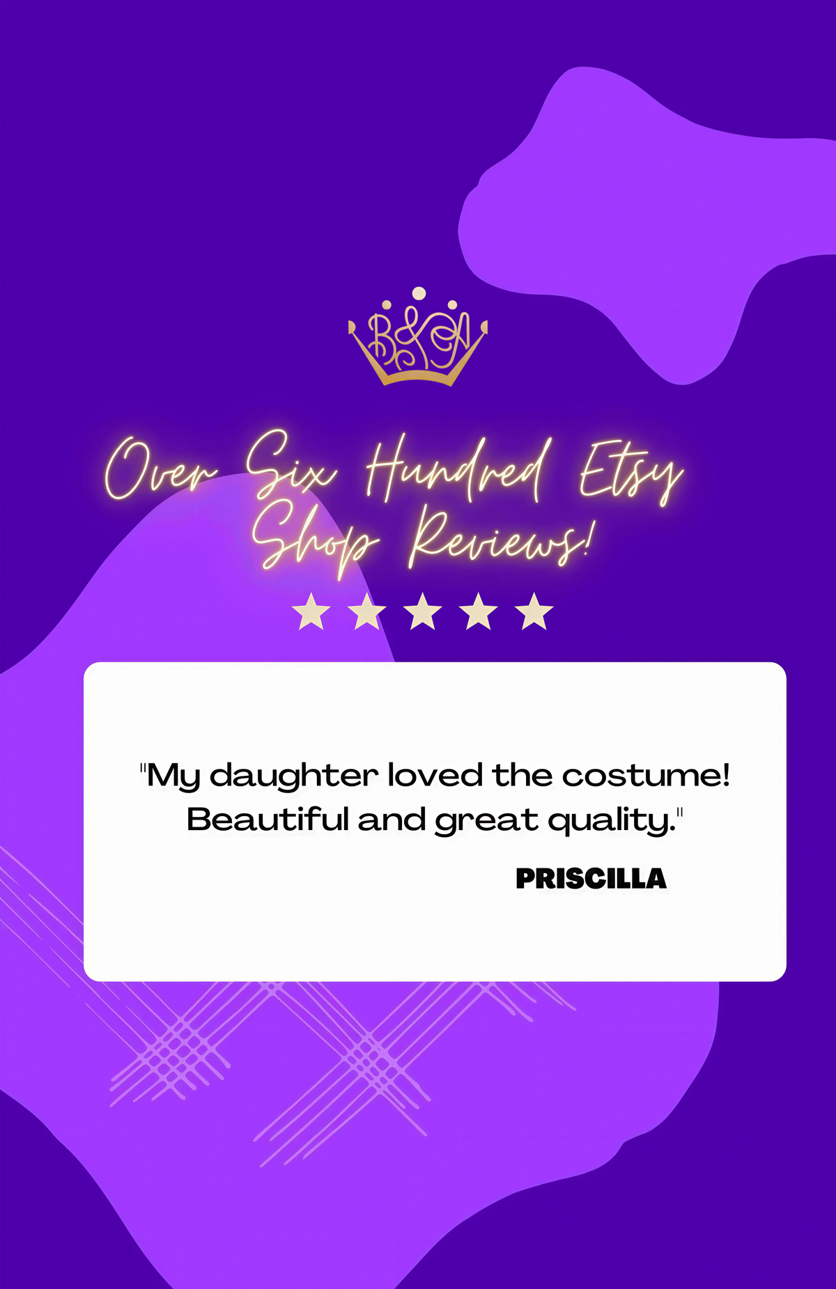 The image is a promotional graphic for an Etsy shop, featuring a purple background with a crown and a white rectangle containing a quote from a customer.