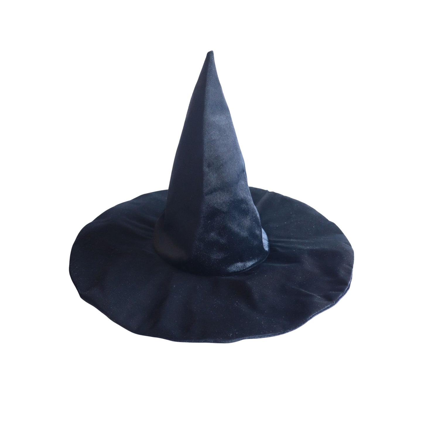 A black witch's hat with a pointed top and a wide brim.