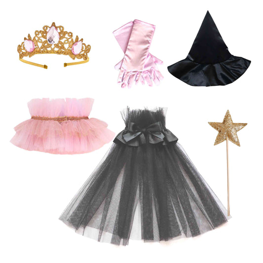 a collection of princess accessories including a tiara, a dress, and a wand