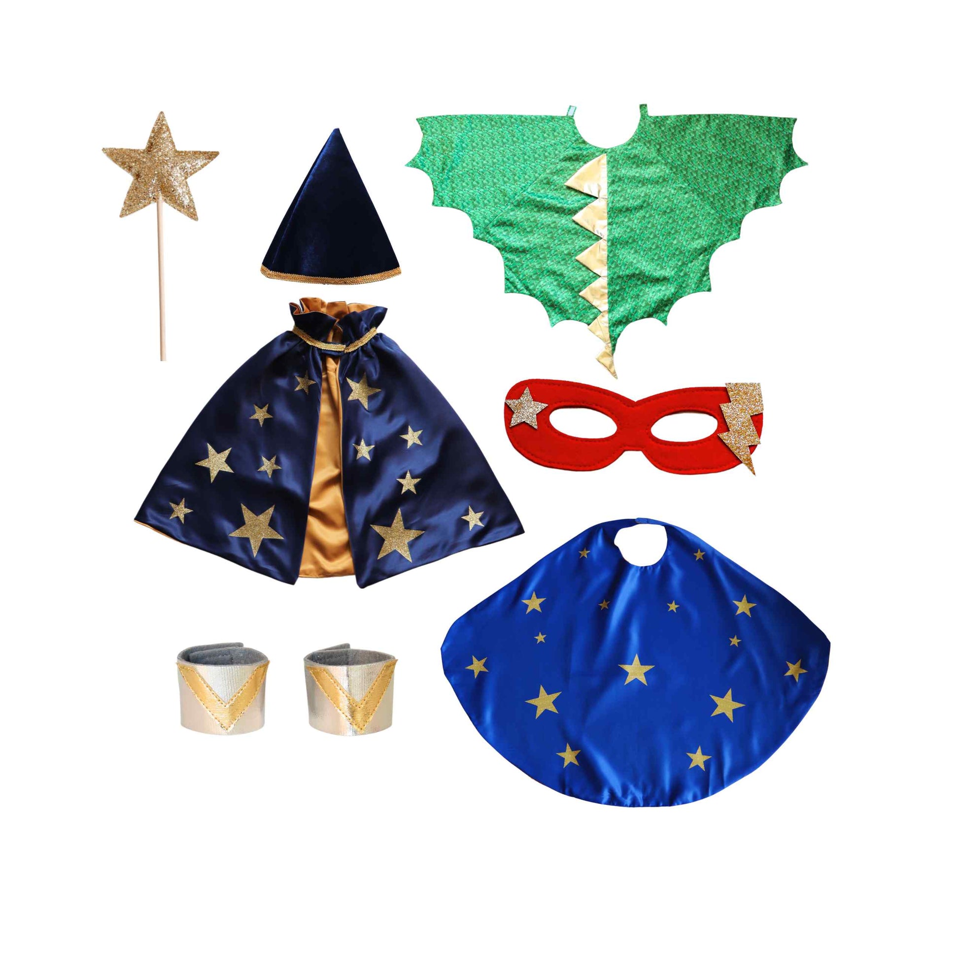 a group of different types of costumes on a white background
