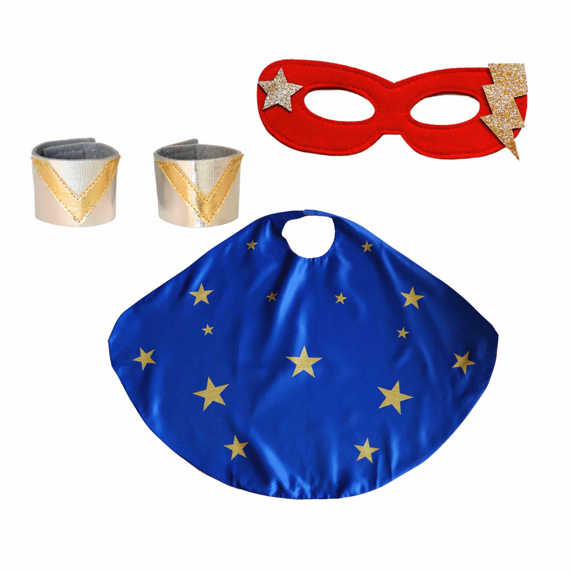 a blue cape, two silver cups and a red mask