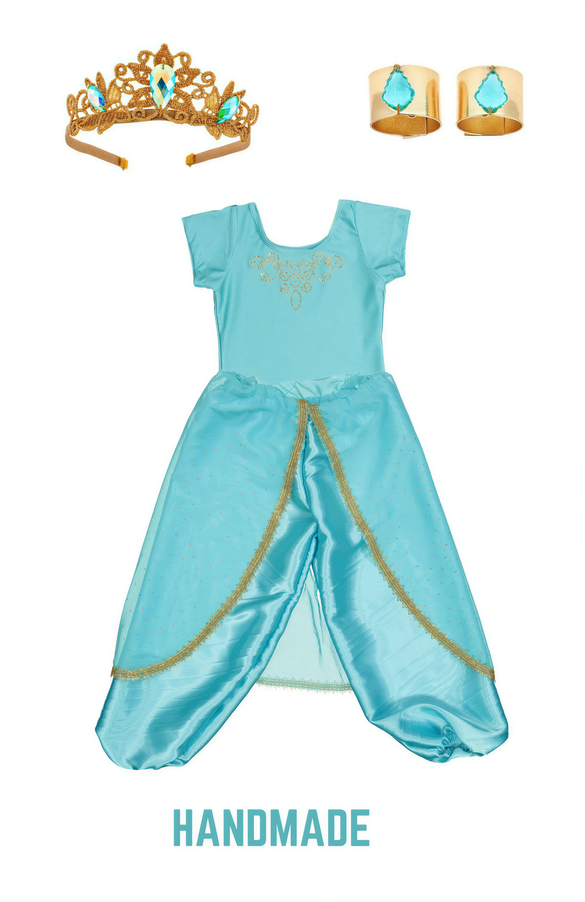 A handmade blue dress with gold trim, a gold crown, and gold jewelry, including earrings and a ring, all displayed against a white background.