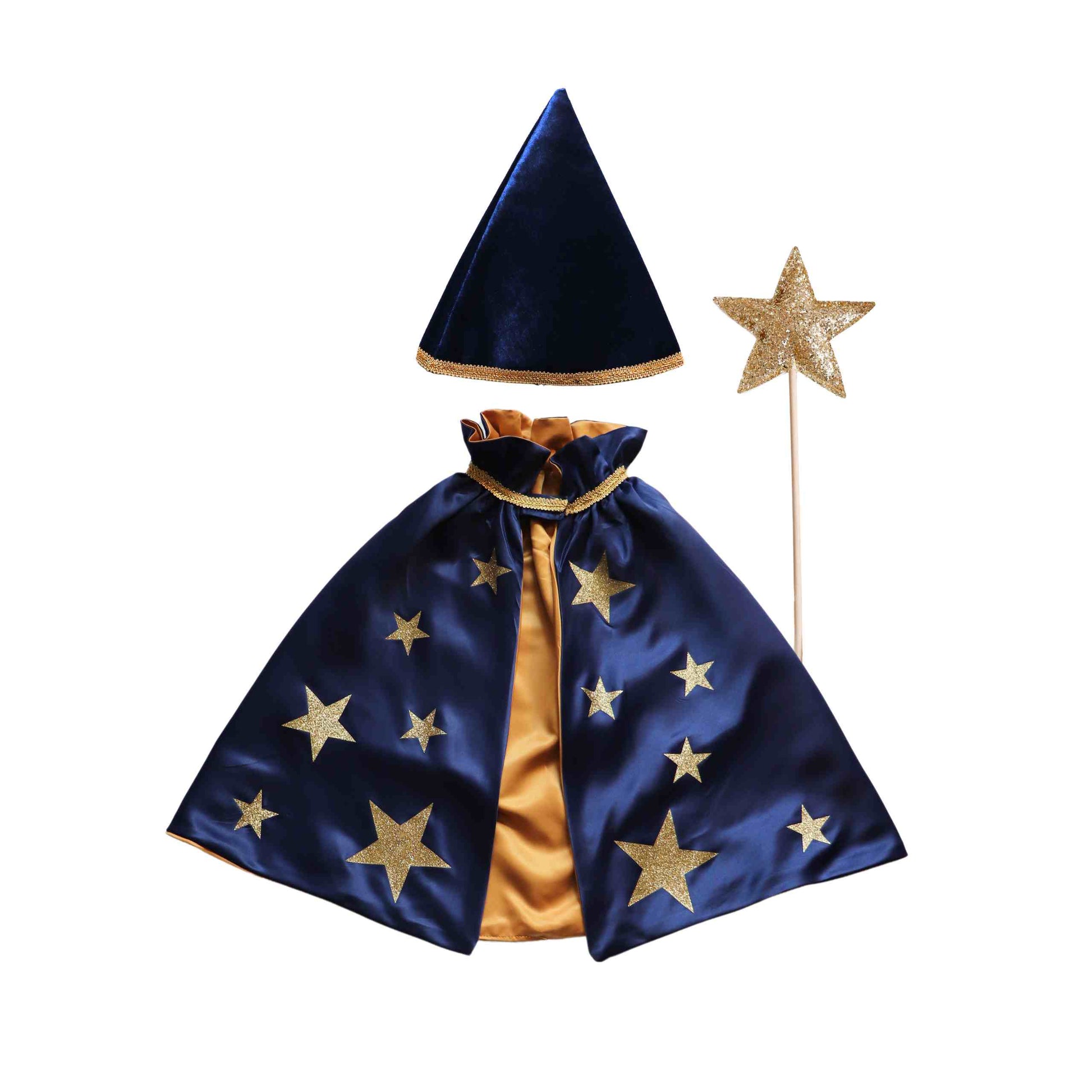 a blue cape with gold stars on it