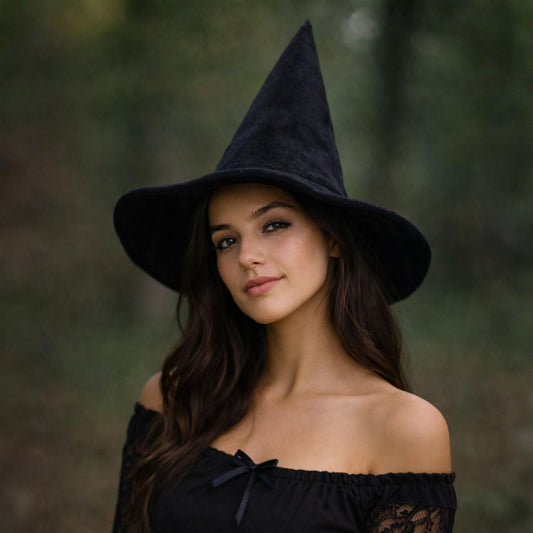 A young woman with long brown hair wearing a black witch's hat and a black lace dress stands in a forested area.