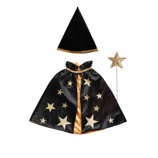 a black cape with gold stars on it