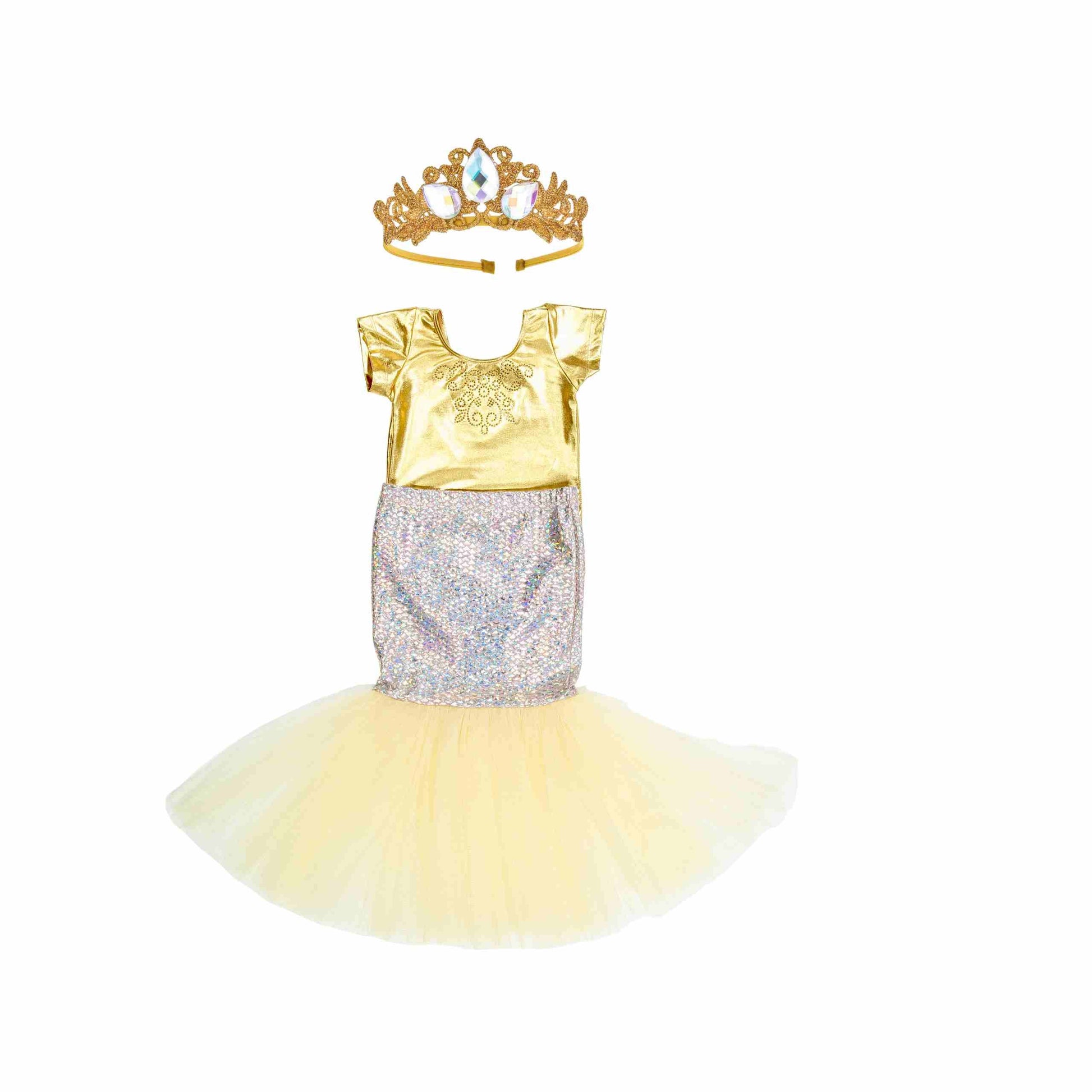 a little girl wearing a gold and silver dress with a tiara