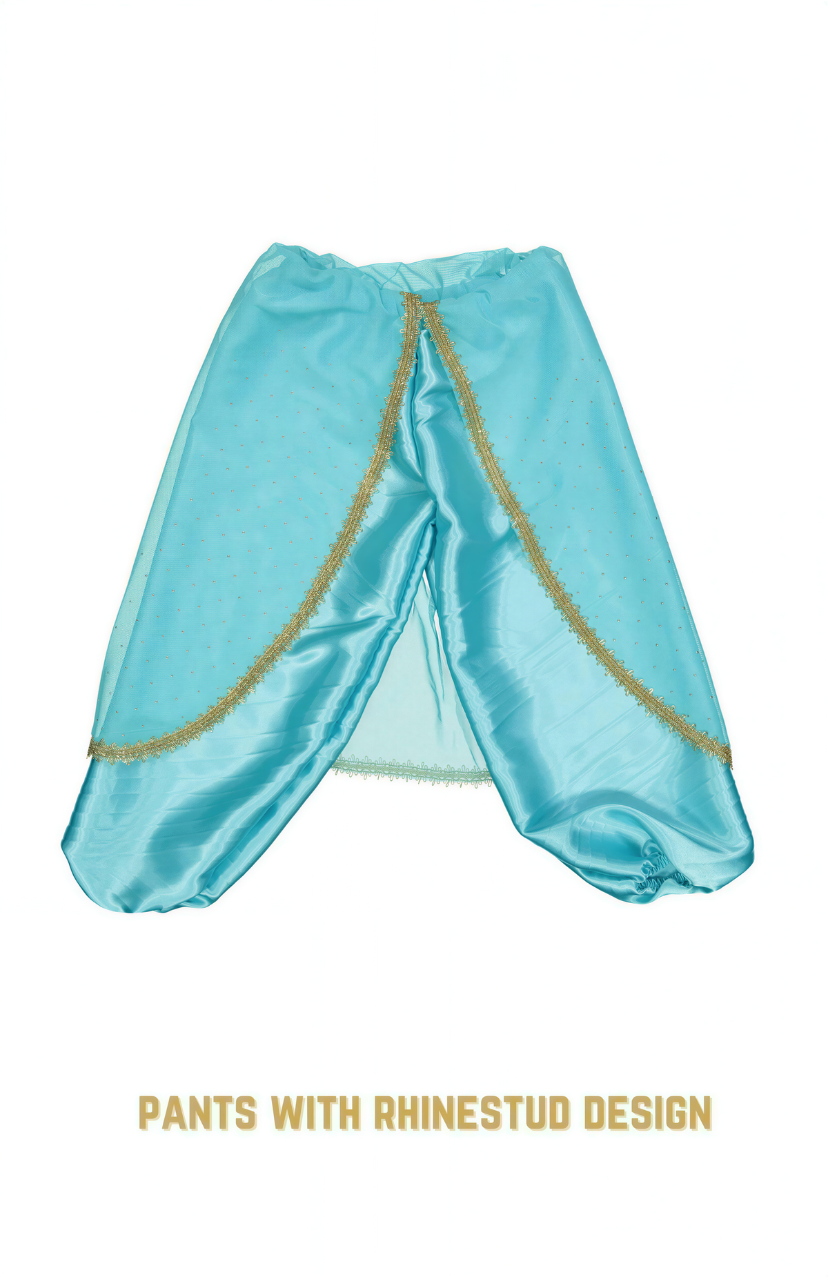 A pair of turquoise satin pants with rhinestones or rhinestones and gold trim, described as "Pants with Rhinestud Design".
