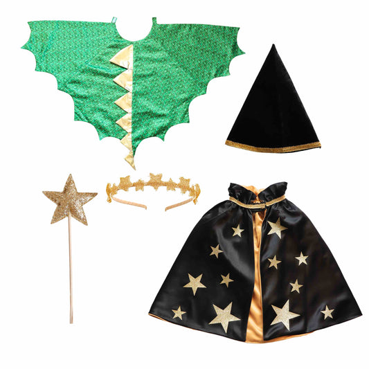 a green cape with gold stars and a black hat