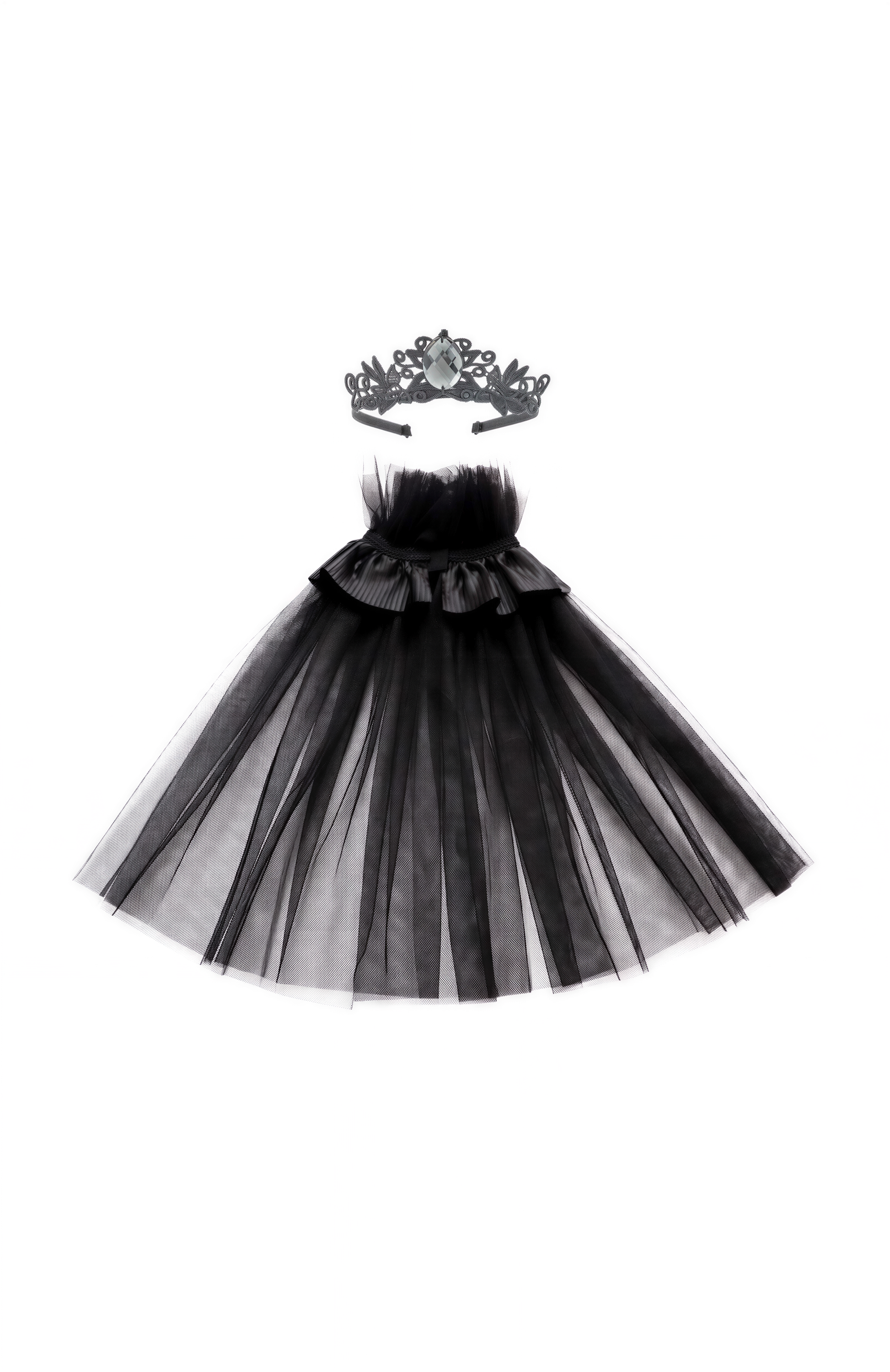 A black tulle skirt with a silver crown on top.