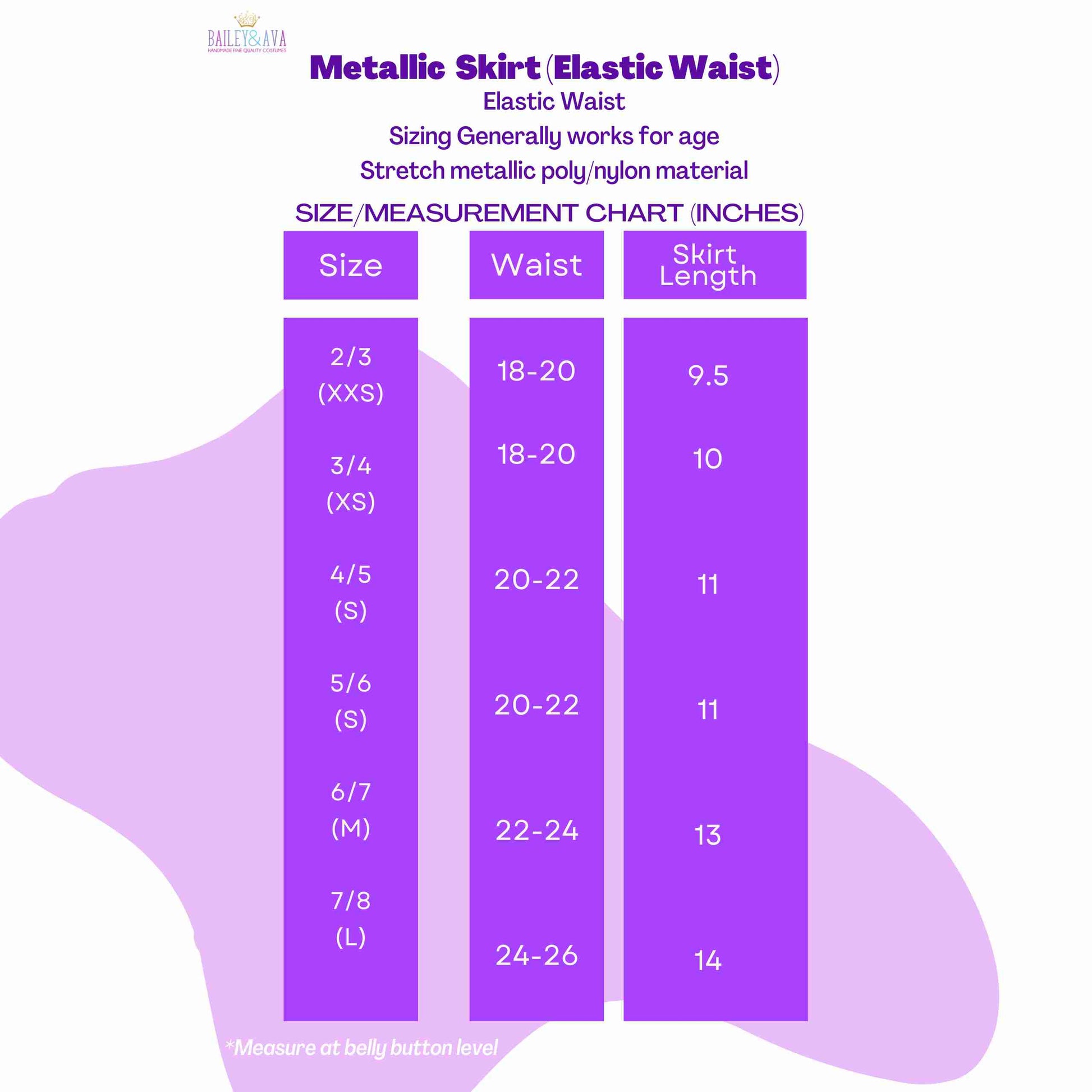 a purple poster with measurements for the waist and chest