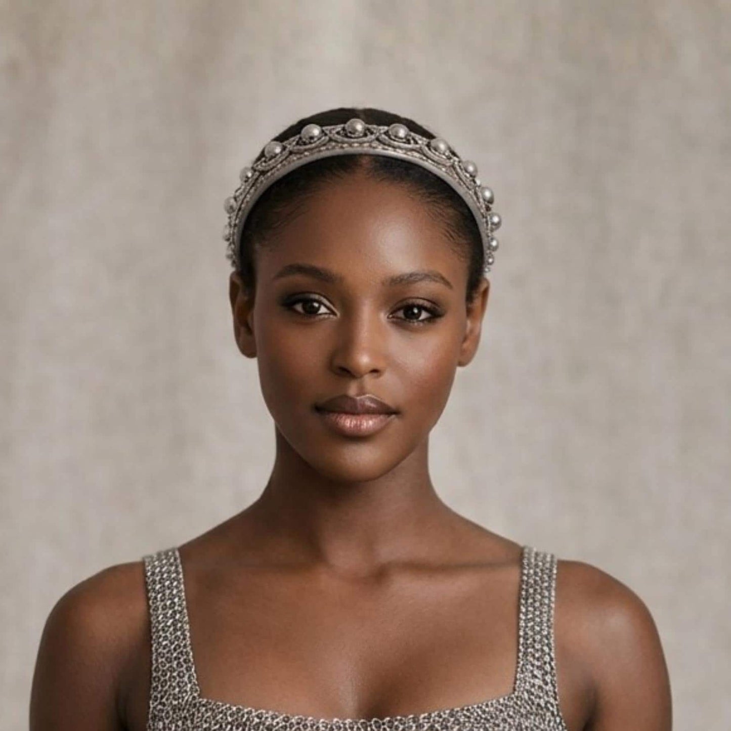 A woman wearing a silver headband and a silver dress stands against a plain background.