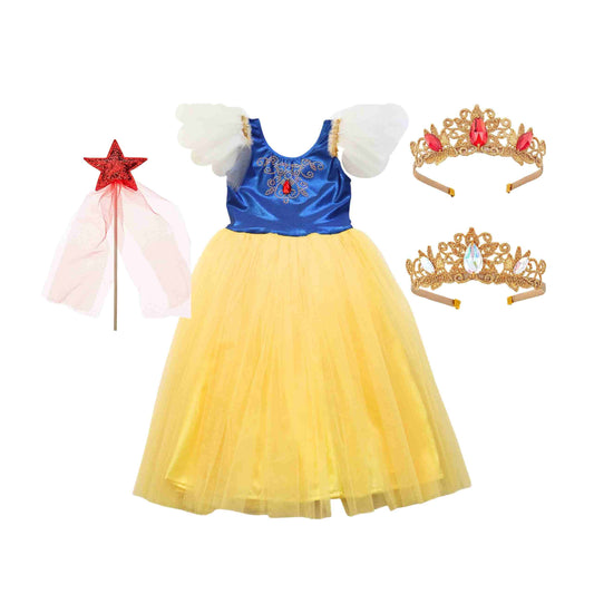 a little girl wearing a princess dress and tiara