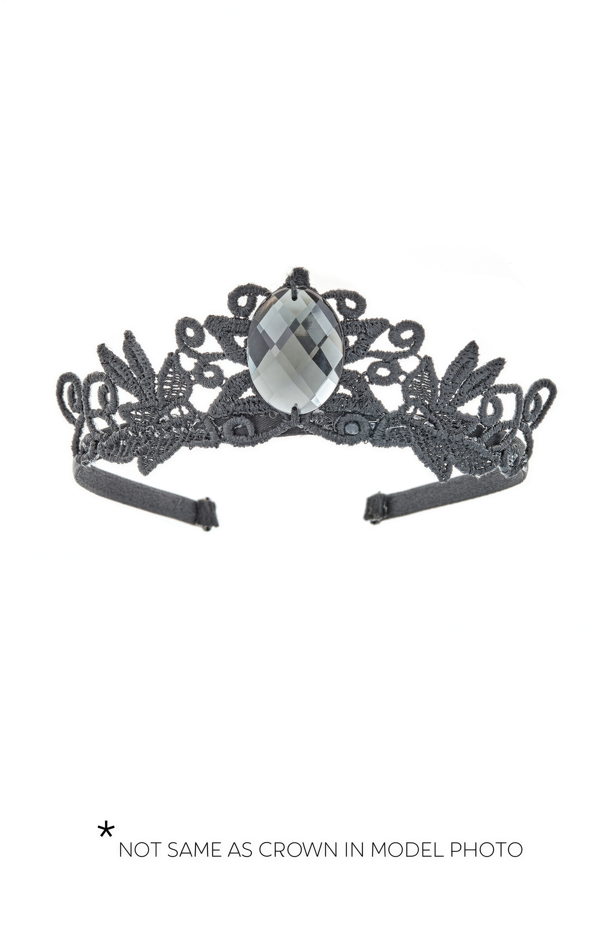 A black crown with a large crystal gemstone in the center.