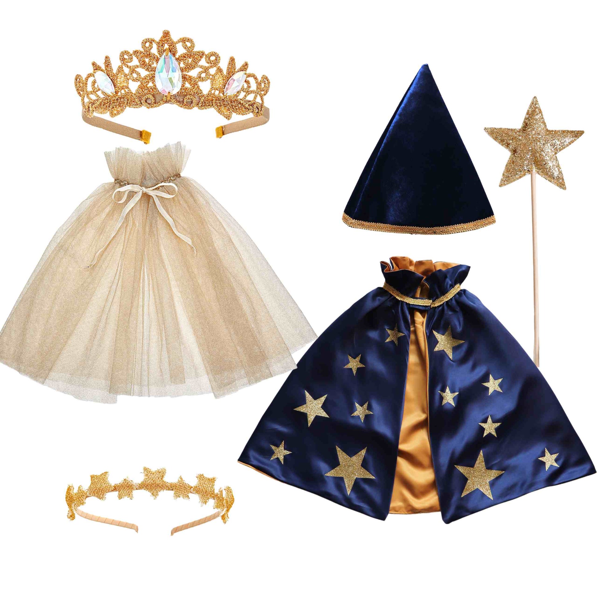 a little girl's dress up set with a tiara, cape, and
