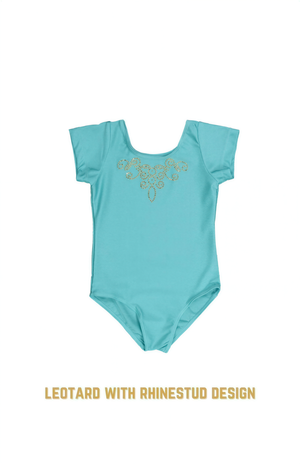 A turquoise leotard with a rhinestud design, featuring a gold pattern on the front.