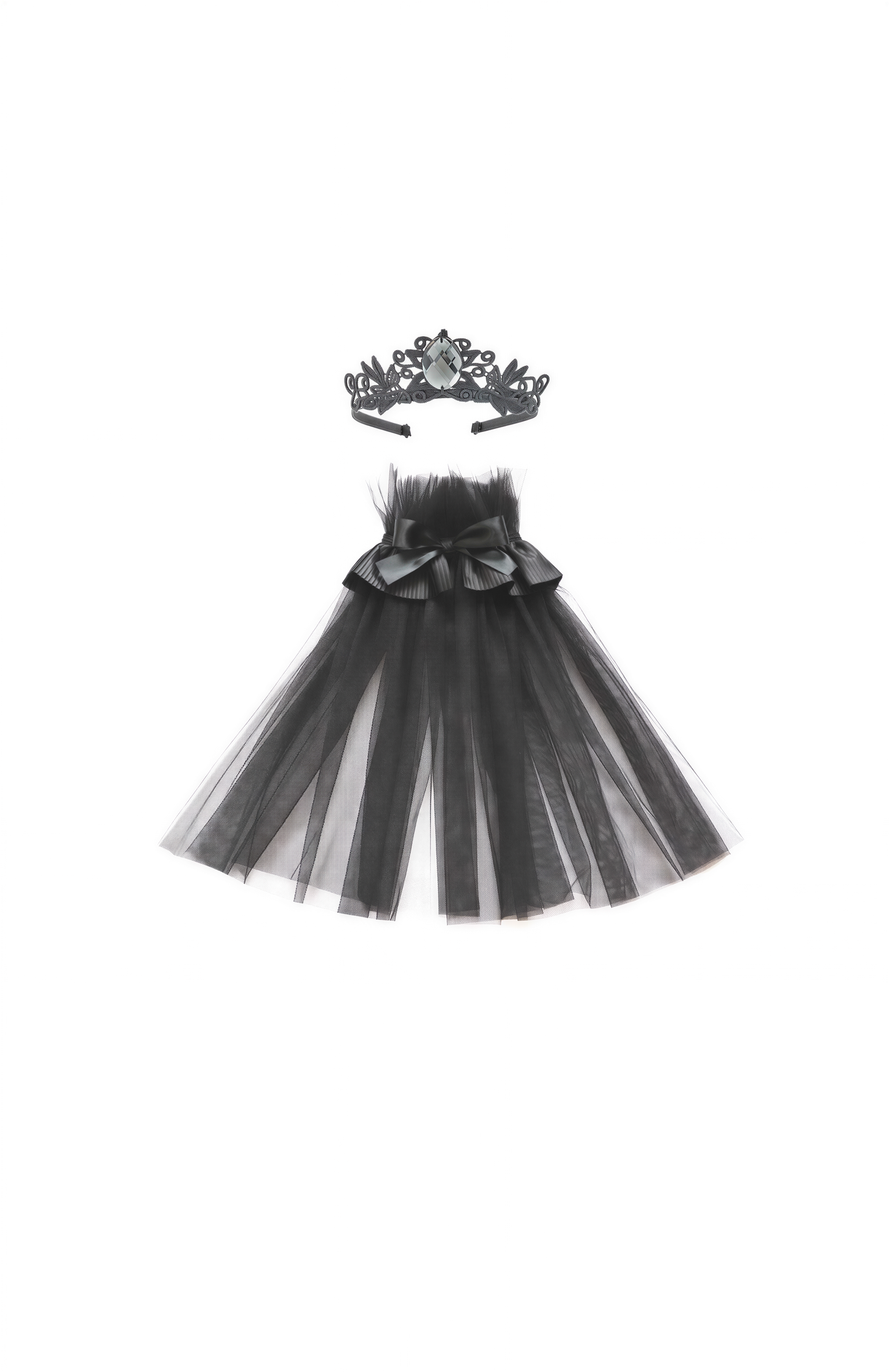 A black tulle skirt with a black crown on top, both appearing to be part of a costume or accessory.