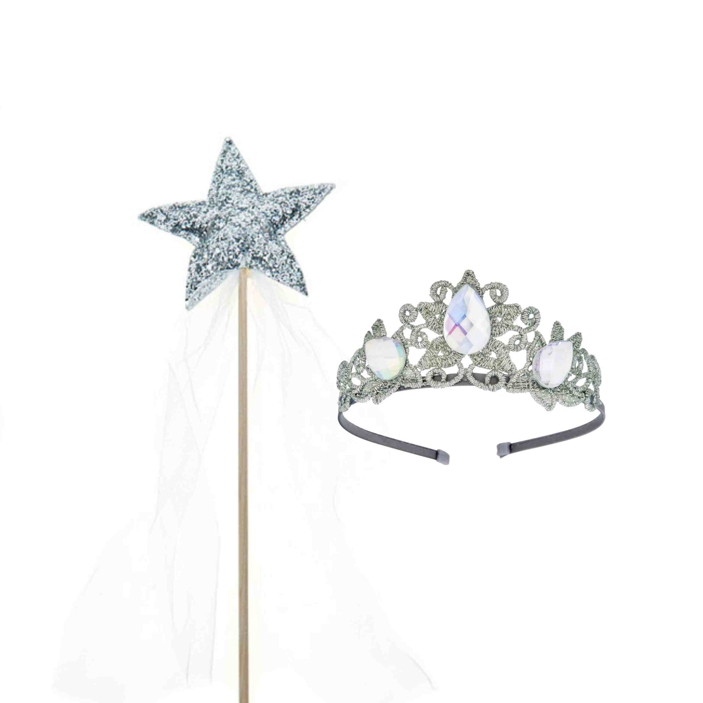 Raven Princess Crown & Wand Set, Silver & Ivory