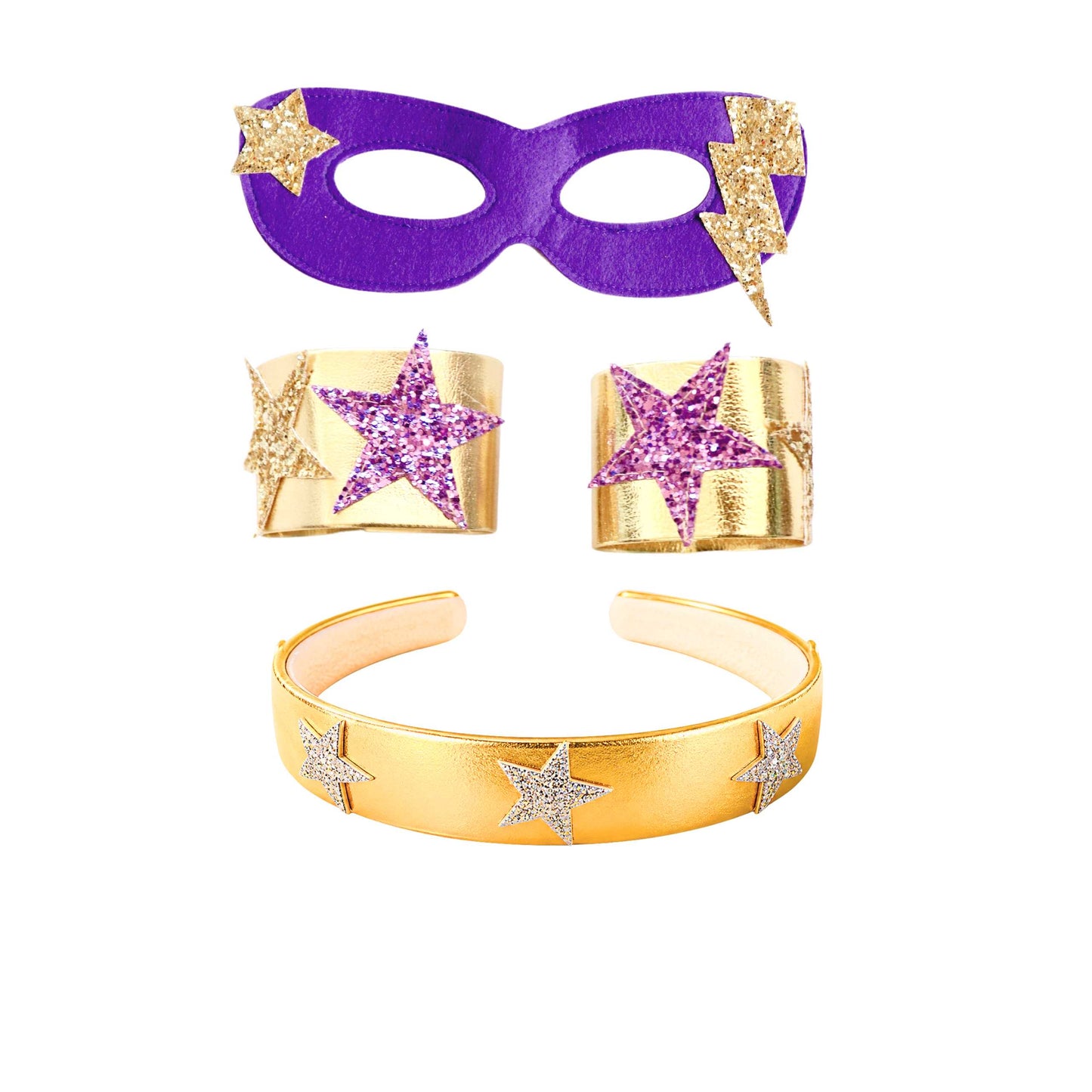 three accessories: a purple mask with stars, two gold cuffs with stars, and a gold headband with stars.