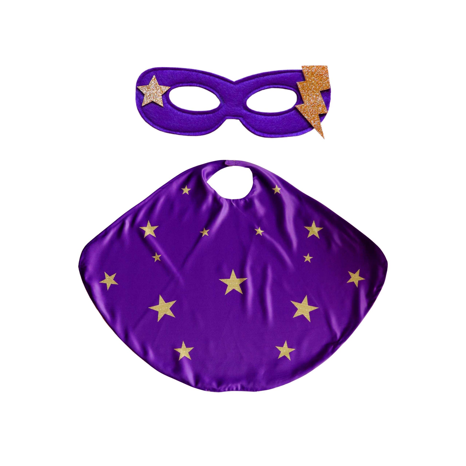 a purple cape with gold stars and a purple mask with a star and lightning bolt design.
