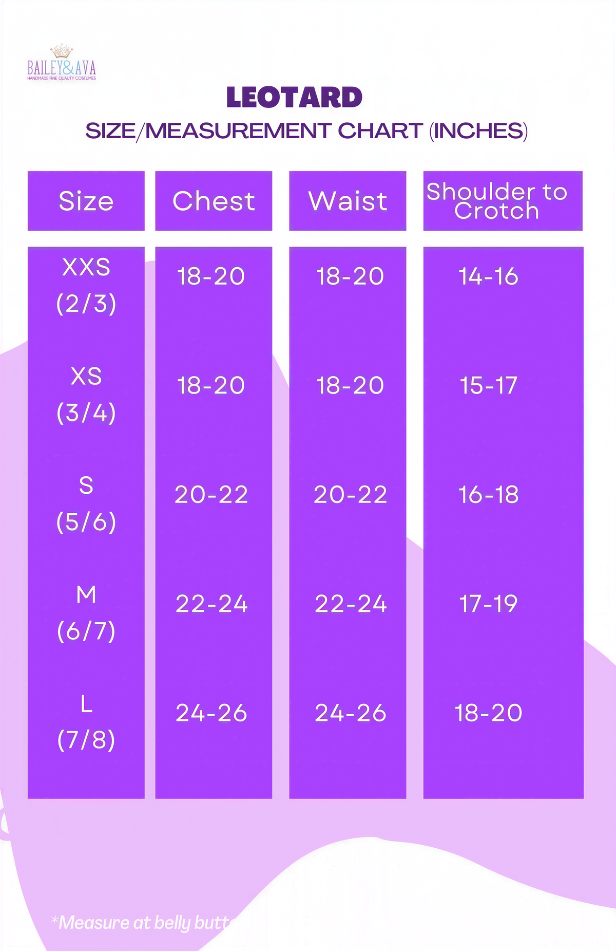 The image is a size/measurement chart that provides measurements for different sizes of leotards, ranging from XS to L. The chart includes the sizes and corresponding measurements for chest, waist, shoulder to crotch, and bust measurements.