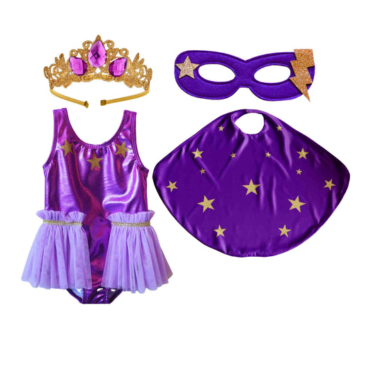 a little girl's purple and gold costume and mask