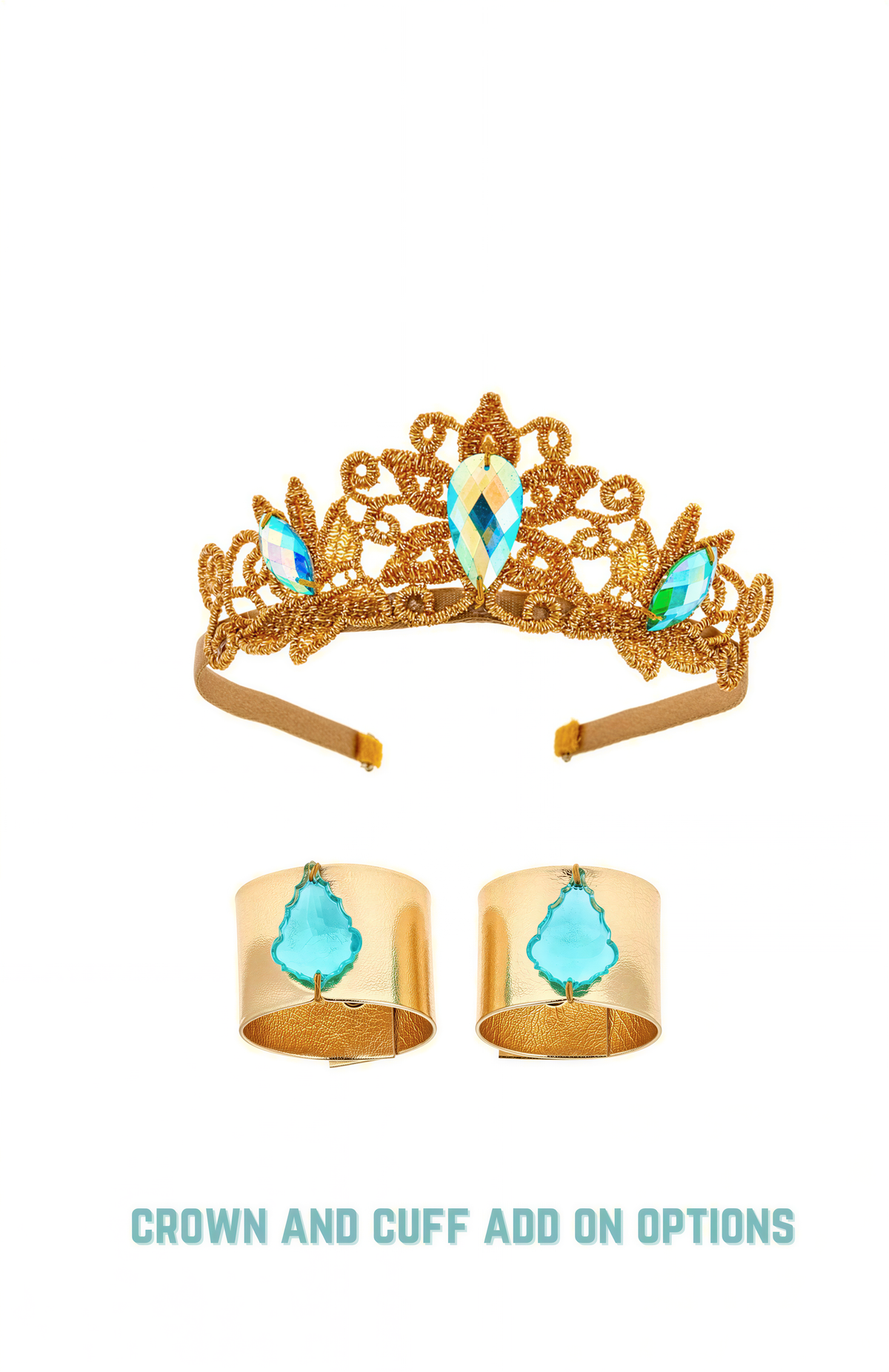 a gold crown and cuff with blue gemstones, along with two gold cuff rings with blue gemstones.
