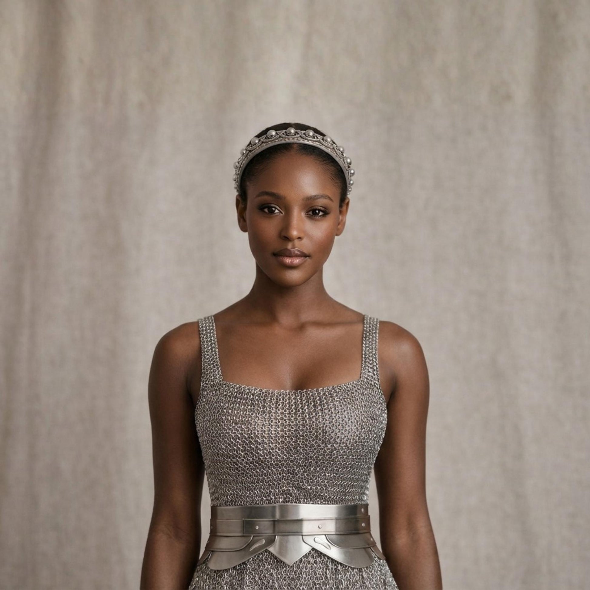A woman wearing a silver dress with a metallic belt, posing against a plain background.