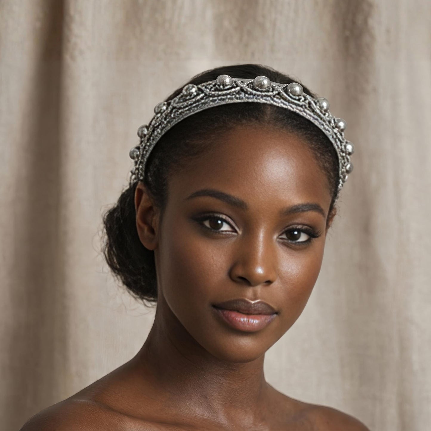 A close-up portrait of a woman wearing a silver headband with decorative elements.