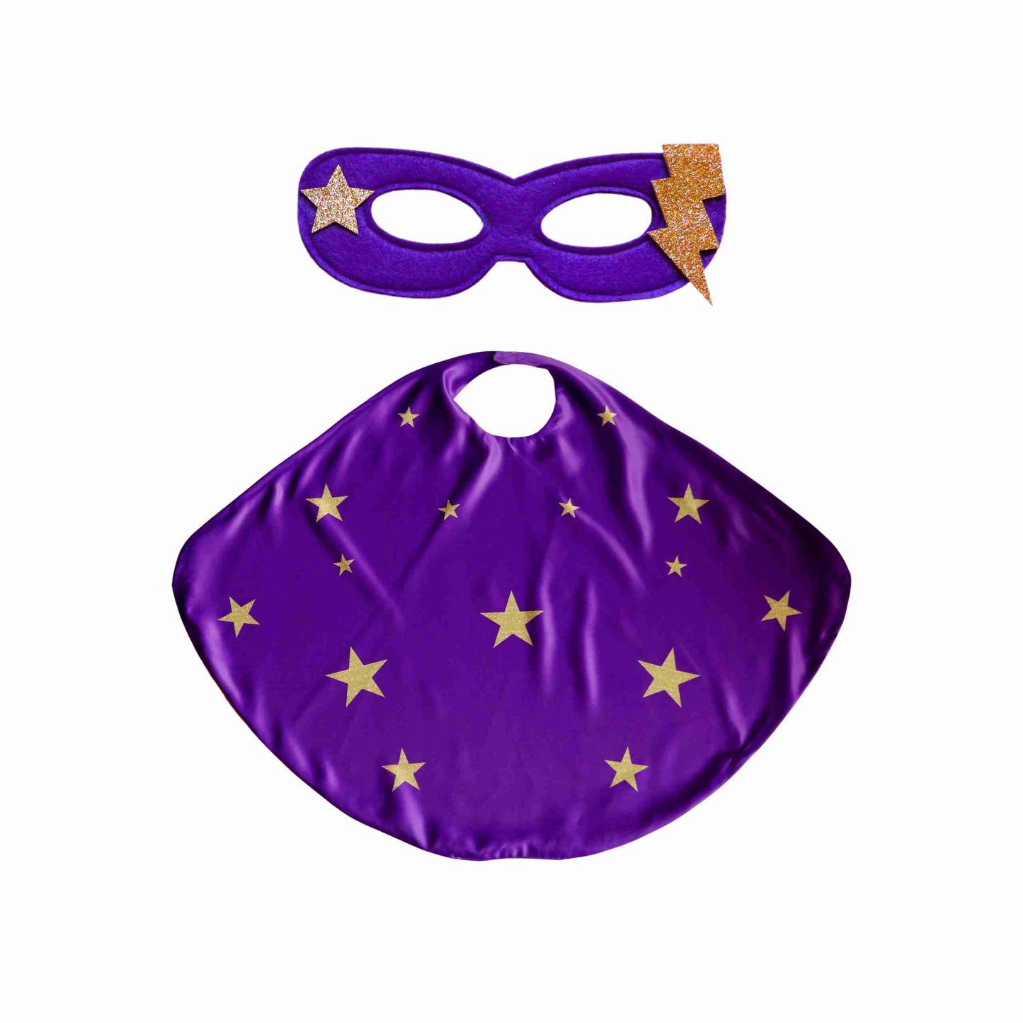 a purple cape with gold stars and a purple mask