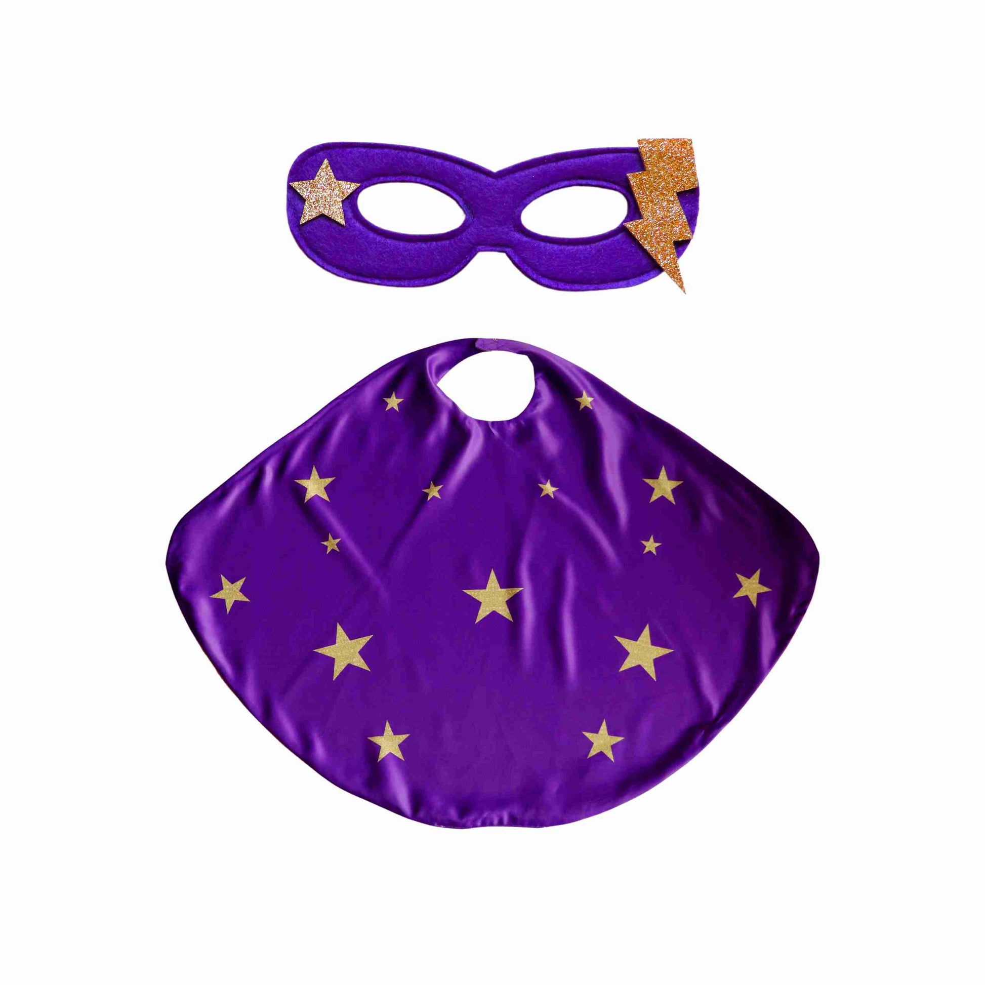 a purple cape with gold stars and a purple mask