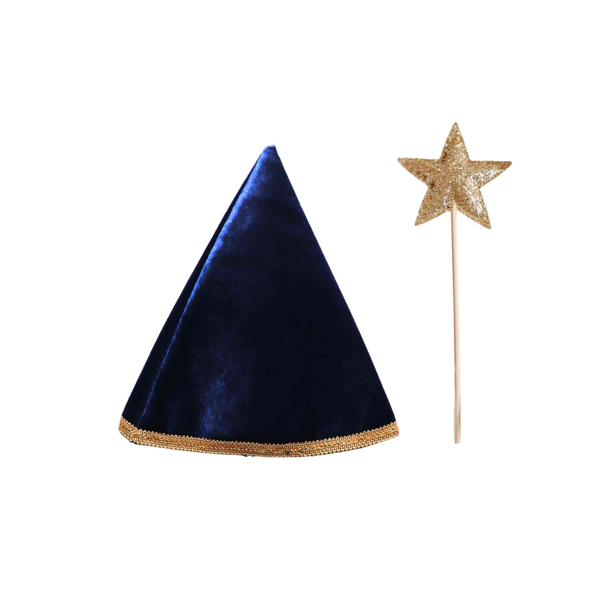 a blue party hat with a gold star on top