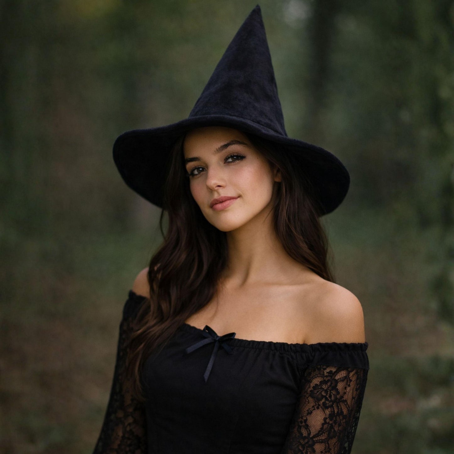 A young woman wearing a black witch's hat and a black lace dress stands in a forest, looking directly at the camera with a serious expression.