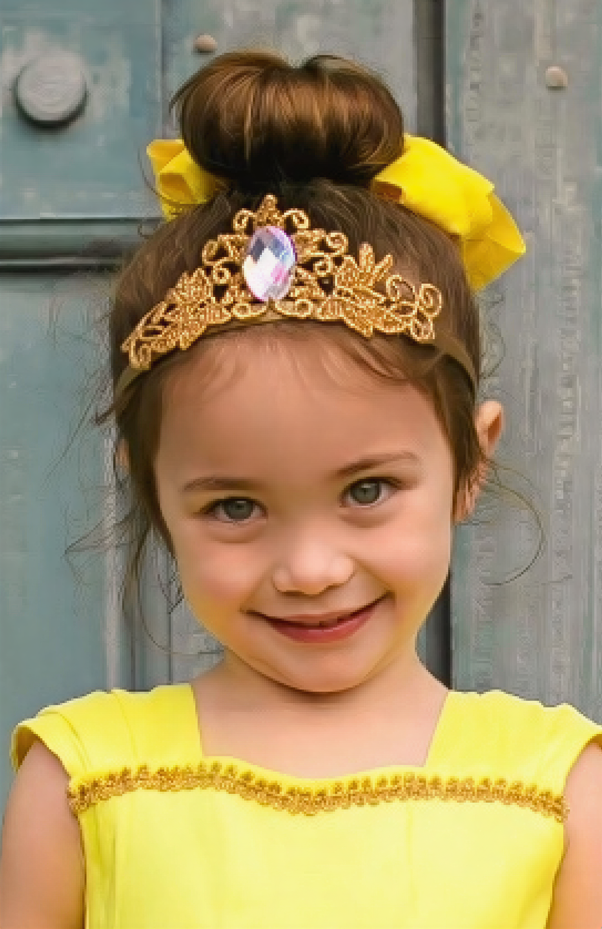 A young girl with a yellow headband and a yellow dress is smiling at the camera.
