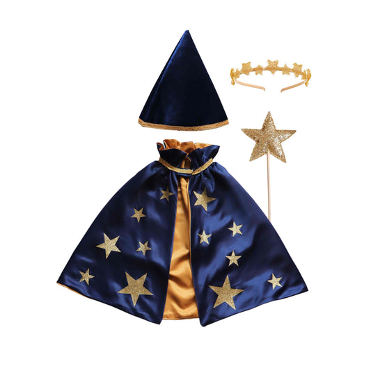 a blue cape with gold stars on it