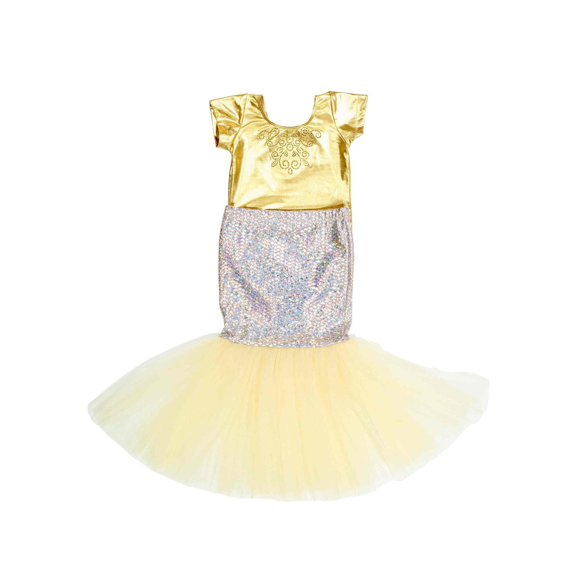 a little girl wearing a yellow and silver dress