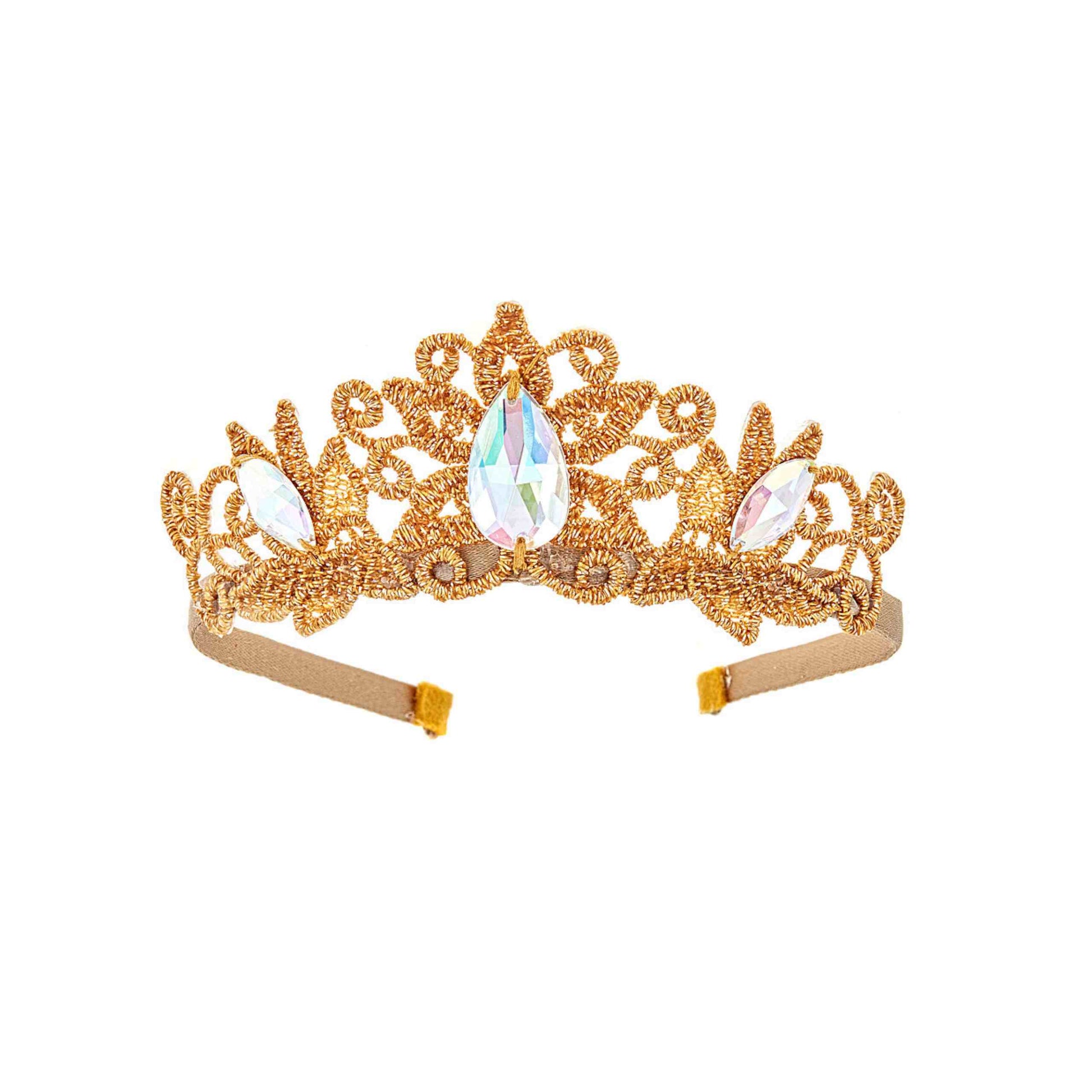 a gold tiara with crystal stones on it