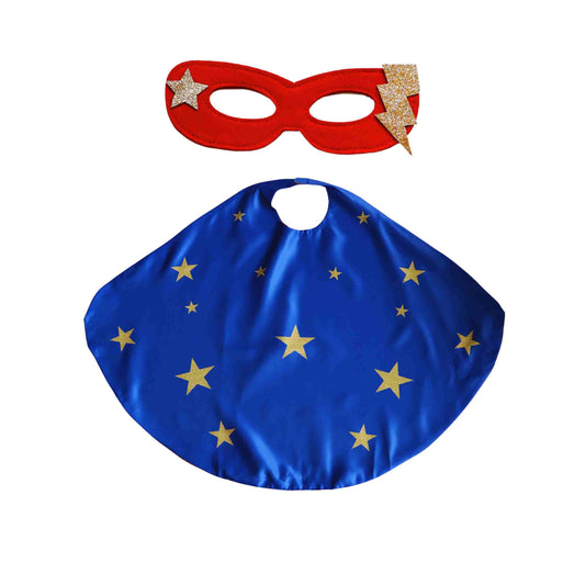 a blue cape and a red mask with gold stars