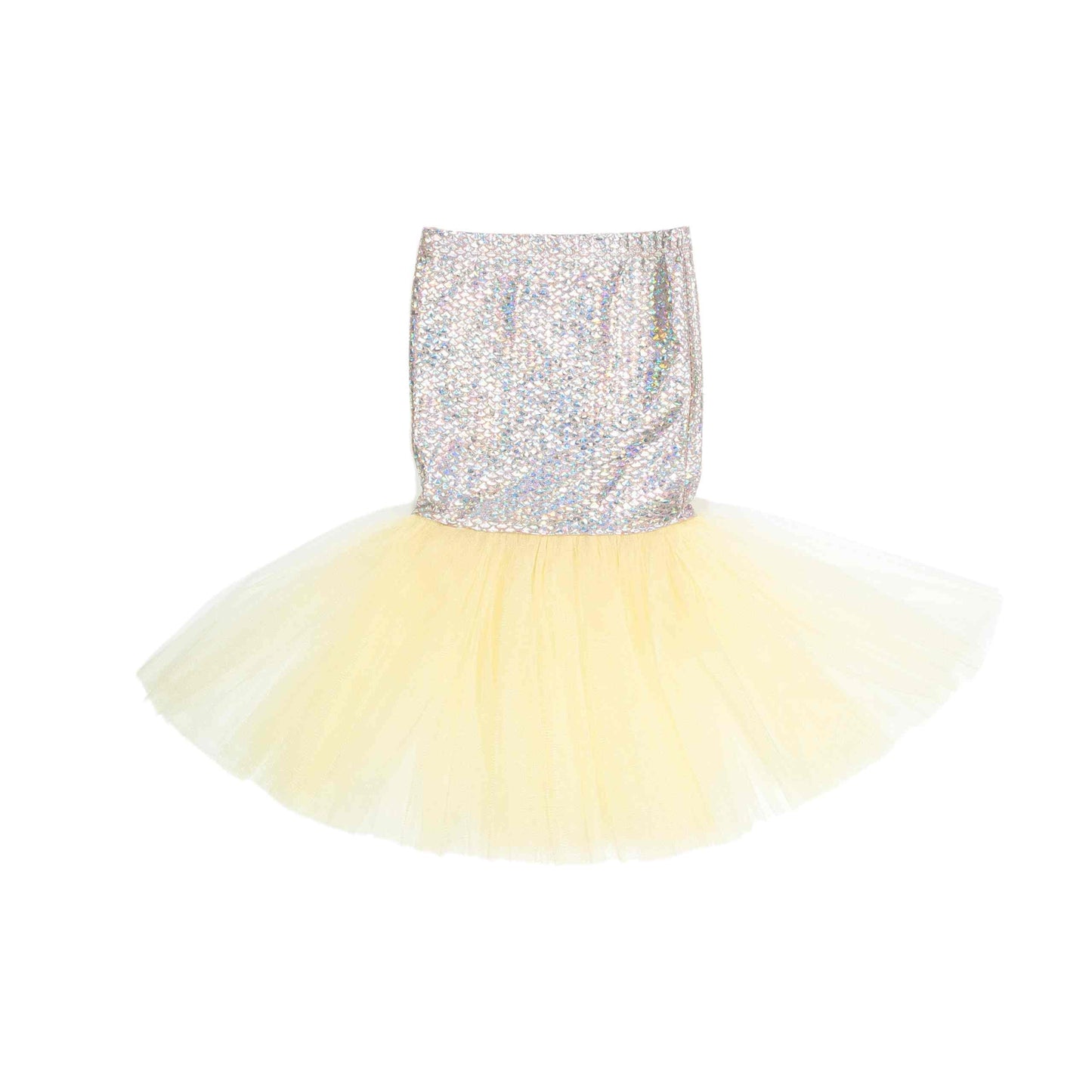 a little girl wearing a yellow and silver dress