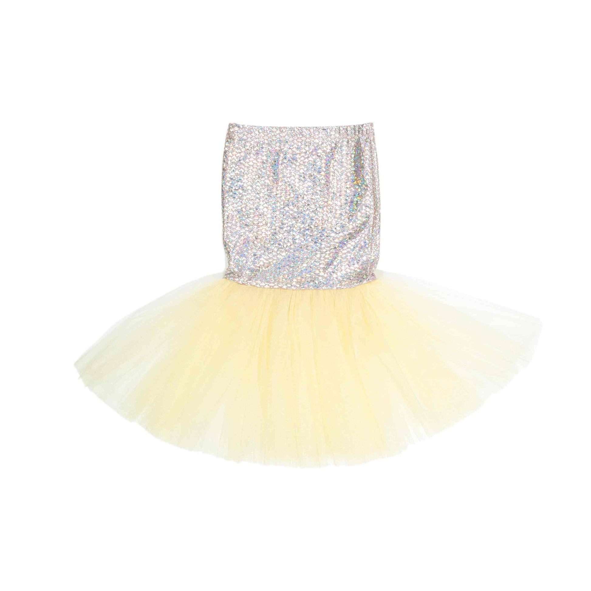 a little girl wearing a yellow and silver dress