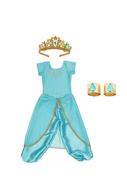 A turquoise dress with gold trim, a gold crown, and gold jewelry are displayed against a white background.