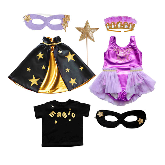 a little girl's costume and accessories for a masquerade