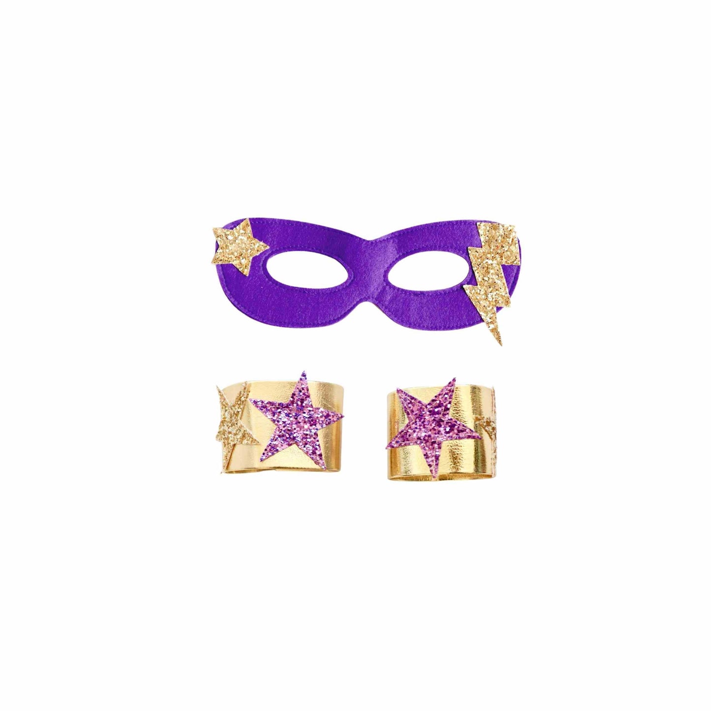 a pair of purple and gold earrings and a purple mask