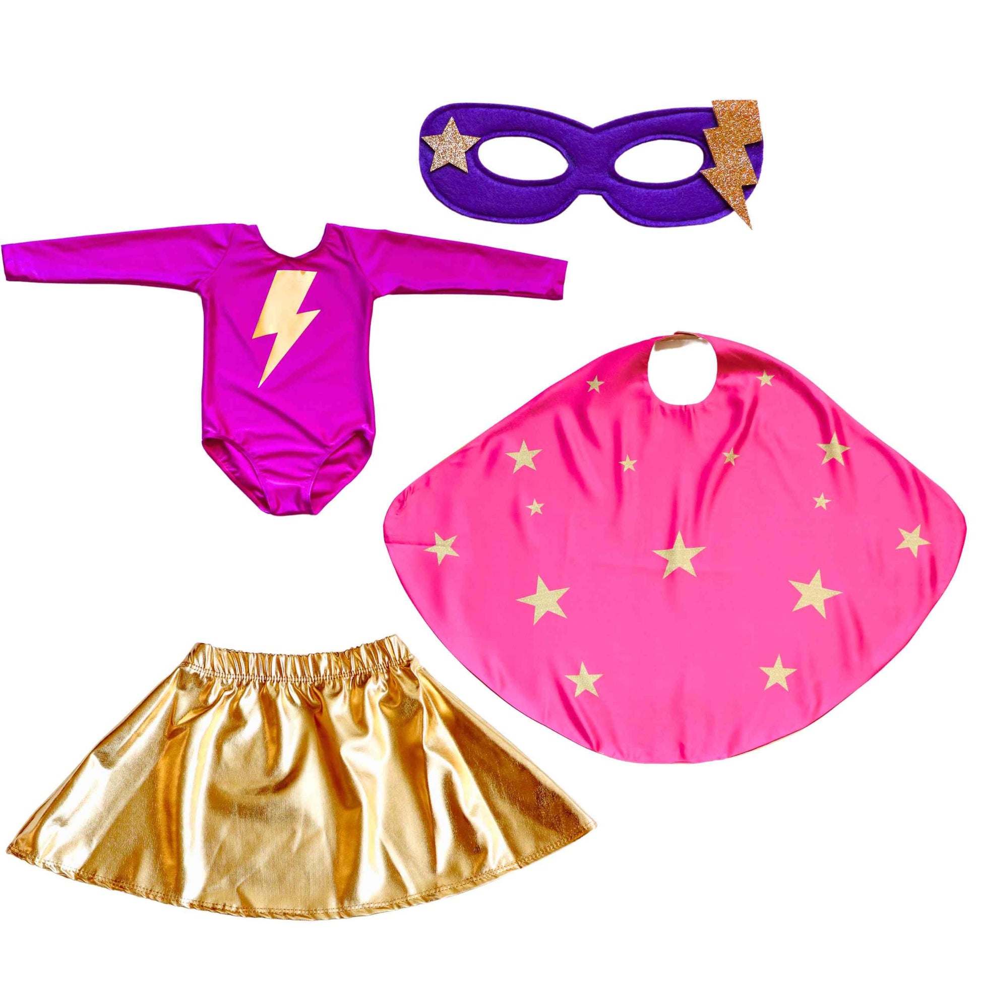 a set of three costumes including a cape, a skirt, and a mask